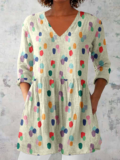 Women's Elegant Polka Dot Round Neck Cotton and Linen Top