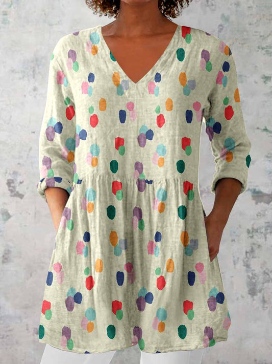 Women's Elegant Polka Dot Round Neck Cotton and Linen Top