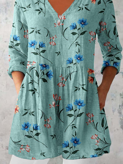 Women's Elegant Floral Pattern Cotton and Linen Top