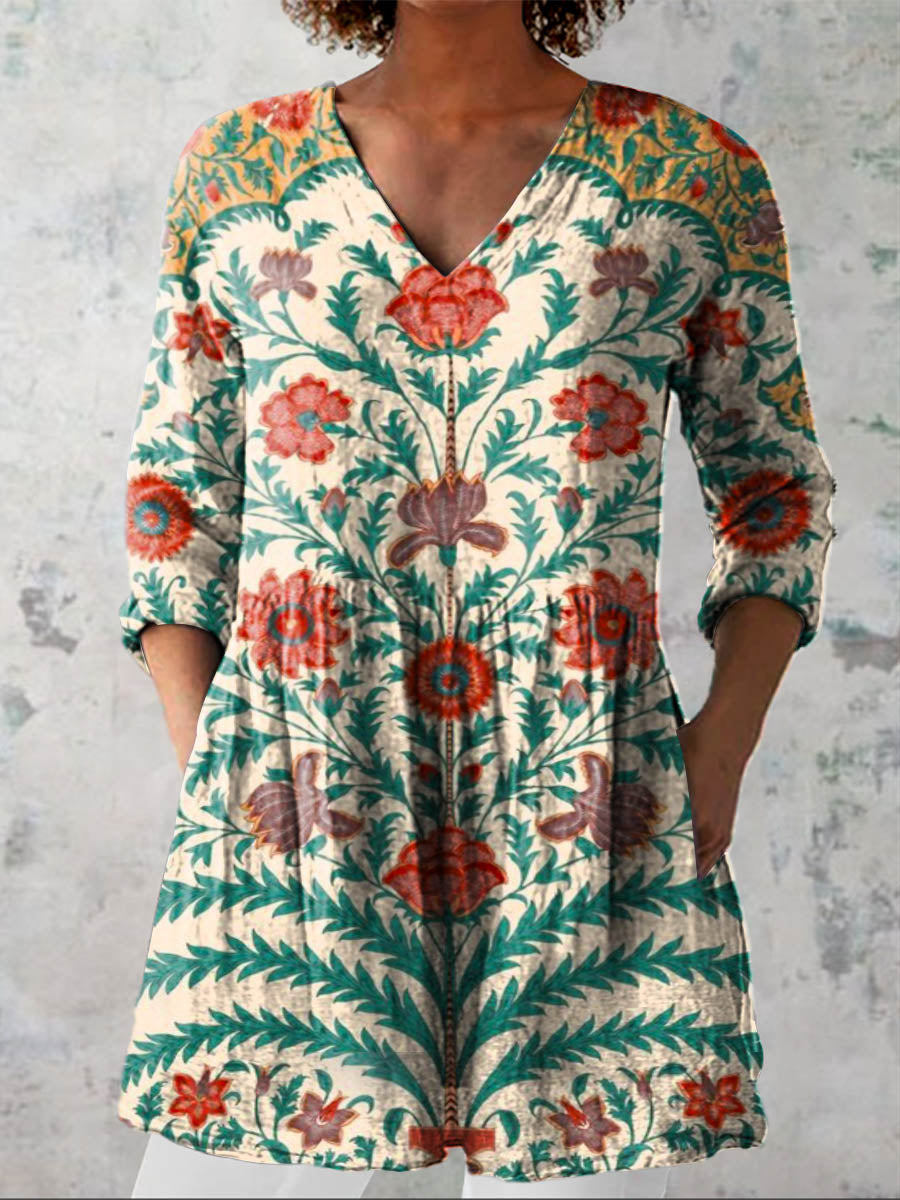 Women's Vintage Lovely Floral Art Print Casual Linen V-neck Shirt