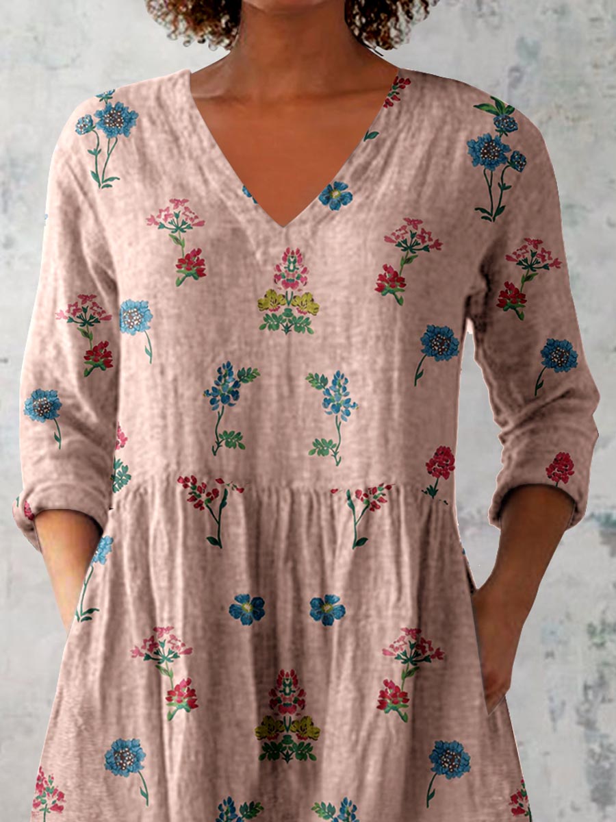 Women's Elegant Floral Print Pattern Cotton and Linen Top