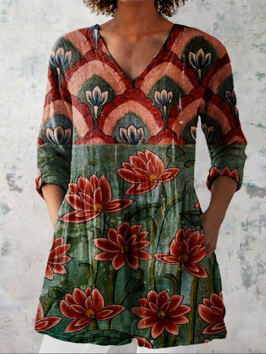 Women's Vintage Flower Geometric Pattern Art Print Casual Linen V-neck Shirt