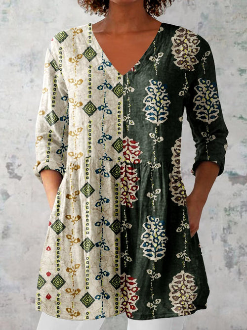 Women's Elegant Floral Motion Round Neck Cotton and Linen Top