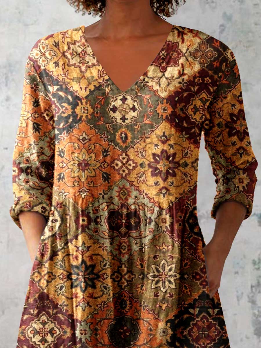 Women's Elegant Ethnic Pattern Cotton and Linen Round Neck Top