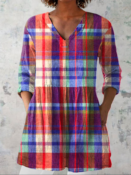 Women's  Vintage  Rainbow Plaid Print Casual Linen V-neck Shirt