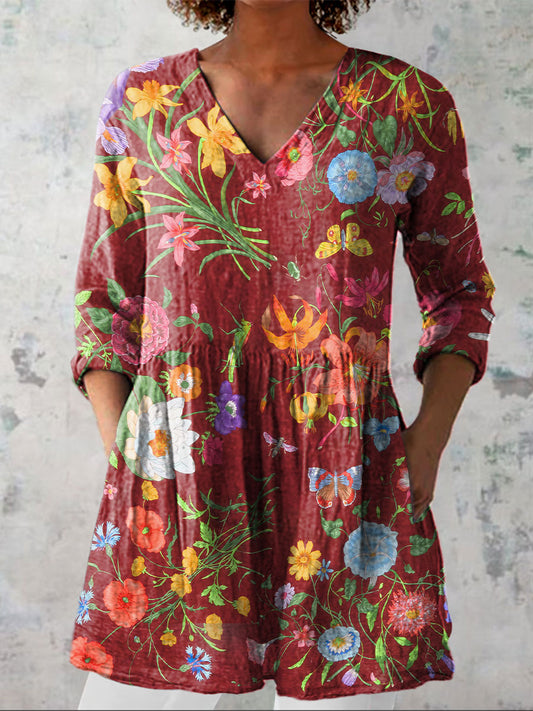 Women's Vintage Flower Art Print Casual Linen V-neck Shirt