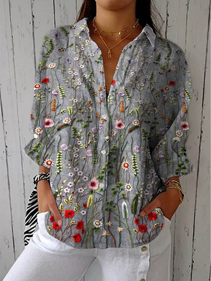 Women's Vintage Floral Art Print Casual Cotton Linen V-neck Shirt