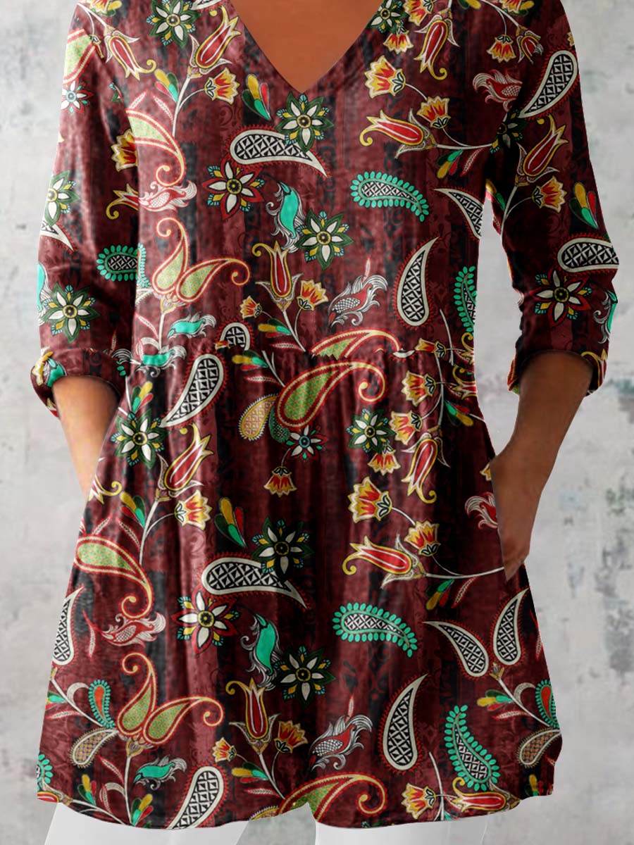 Women's Elegant Perris Motion Round Neck Cotton and Linen Top