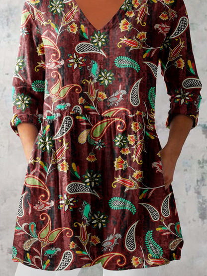 Women's Elegant Perris Motion Round Neck Cotton and Linen Top