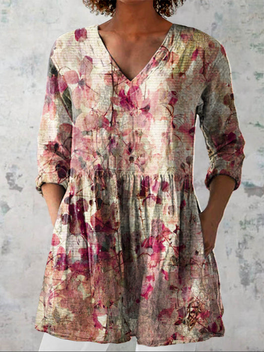 Women's Vintage Floral Art Print Casual Cotton Linen V-neck Shirt