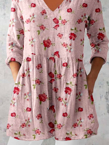 Women's Elegant Floral Print V-Neck Cotton and Linen Top