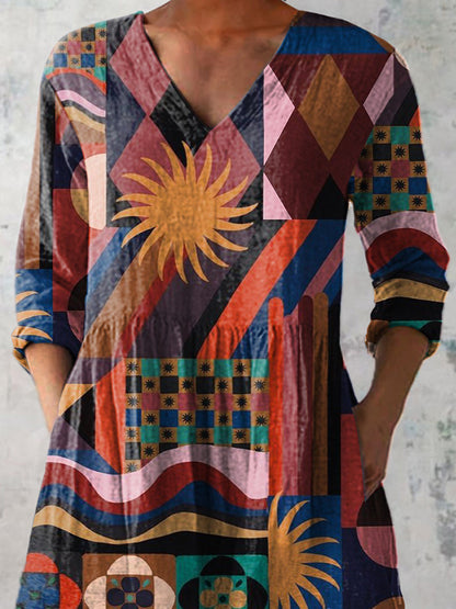 Hippie Style Geometric Pattern Printed Women's Casual Linen V-Neck Shirt