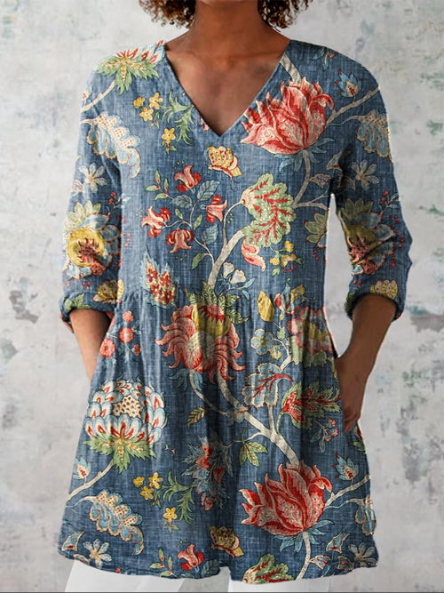 Women's Vintage Floral Art Print Casual Cotton Linen V-neck Shirt