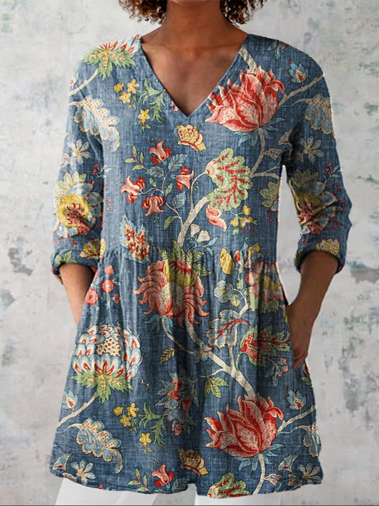 Women's Vintage Floral Art Print Casual Cotton Linen V-neck Shirt