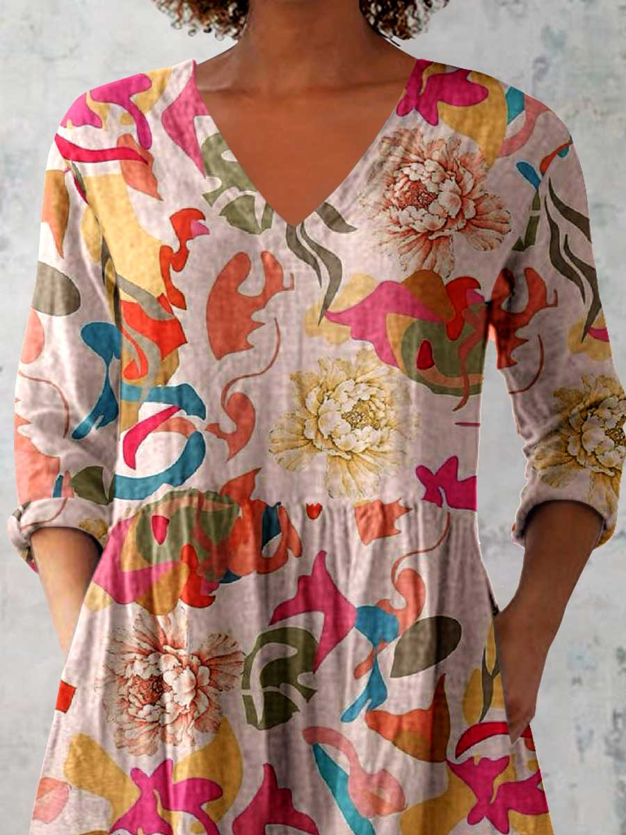 Women's Elegant Floral Print V-Neck Cotton and Linen Top