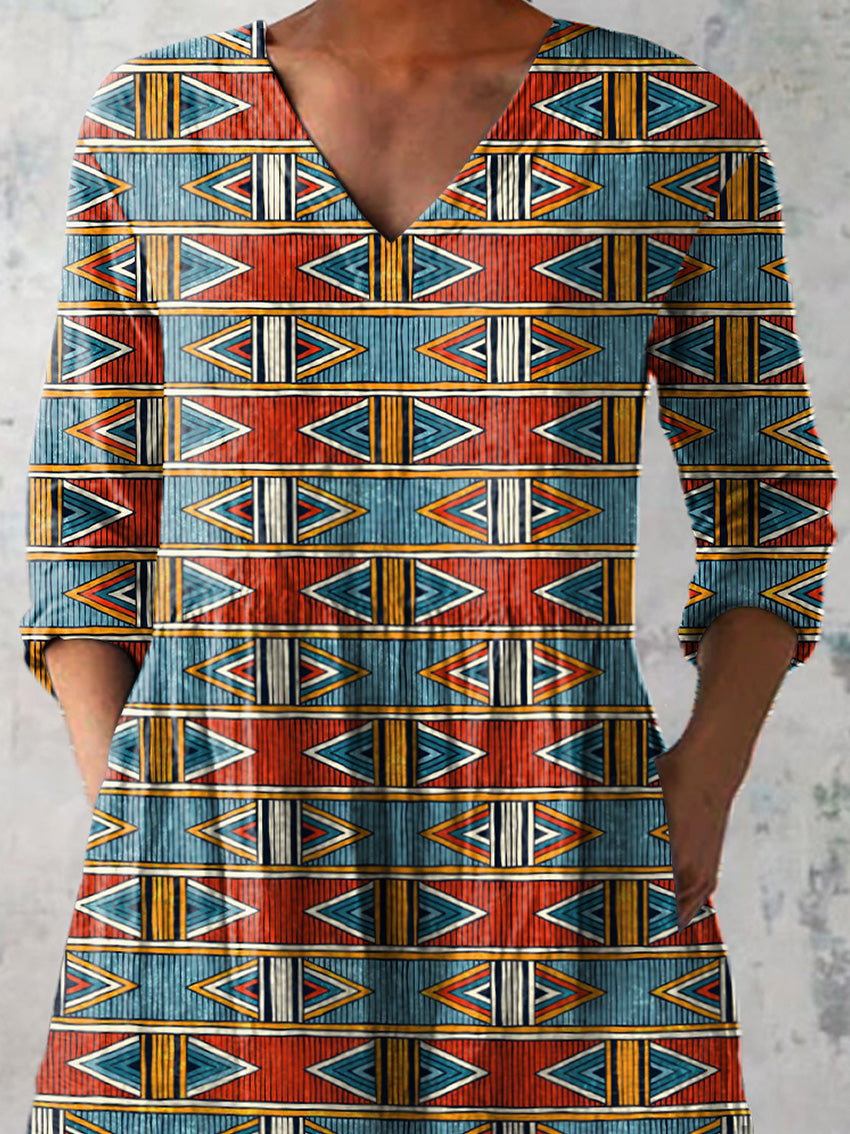 Tribal Style Geometric Pattern Printed Women's Casual Linen V-Neck Shirt