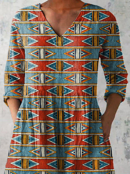 Tribal Style Geometric Pattern Printed Women's Casual Linen V-Neck Shirt
