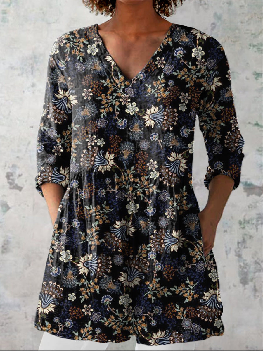Vintage Spring Floral Pattern Printed Women's Casual Linen V-Neck Shirt