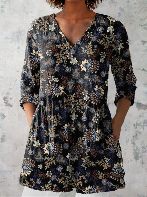 Vintage Spring Floral Pattern Printed Women's Casual Linen V-Neck Shirt