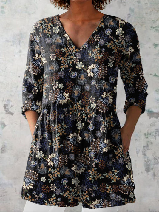 Vintage Spring Floral Pattern Printed Women's Casual Linen V-Neck Shirt