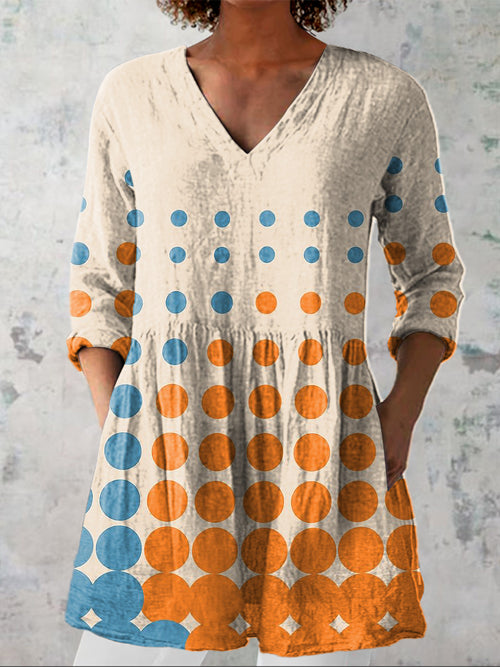 Bauhaus Style Geometric Art Printed Women's Casual Linen V-Neck Shirt