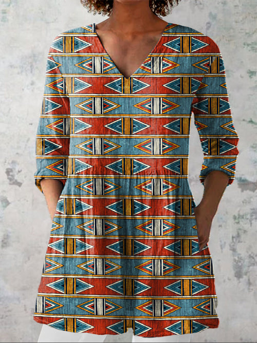 Tribal Style Geometric Pattern Printed Women's Casual Linen V-Neck Shirt