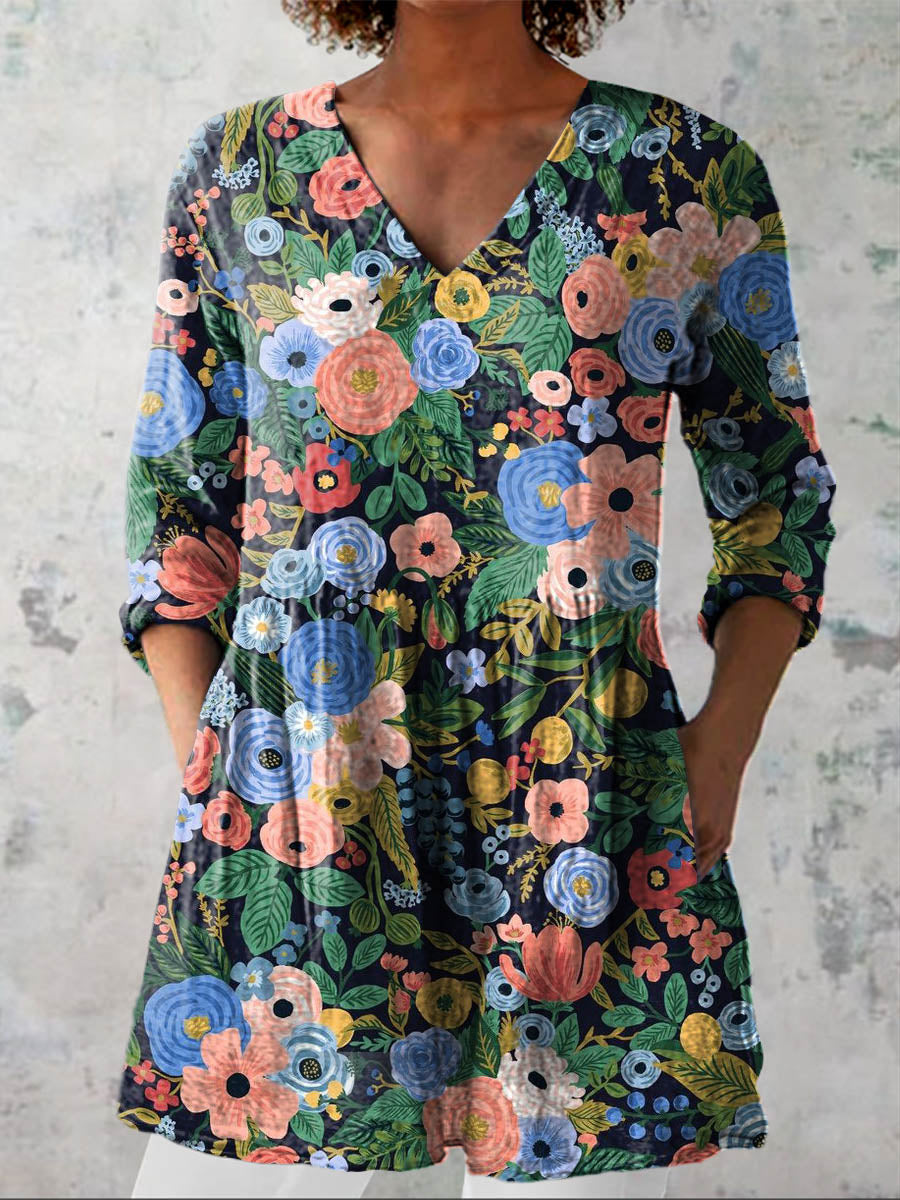 Women's Vintage Lovely Floral Art Print Casual Linen V-neck Shirt