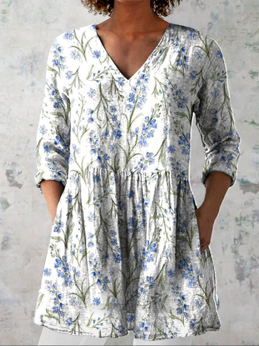 Women's Lovely Floral Art Print Casual Linen V-neck Shirt