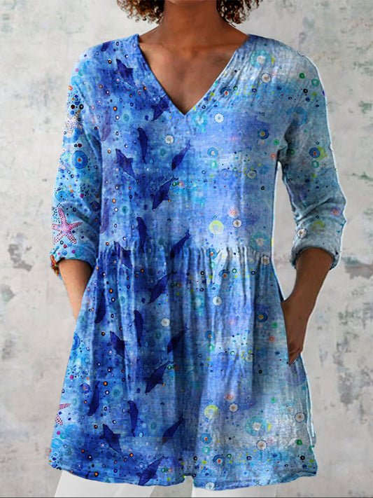 Women's Vintage Blue Ocean Art Print Casual Linen V-neck Shirt
