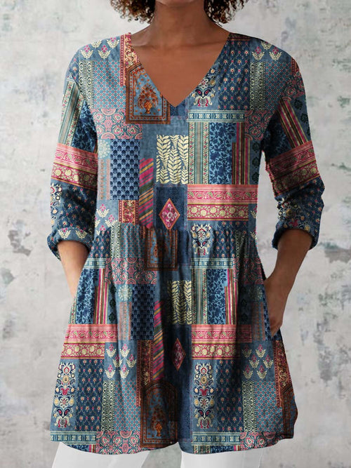 Women's Retro Floral Art Print Casual Cotton And Linen V-neck Top