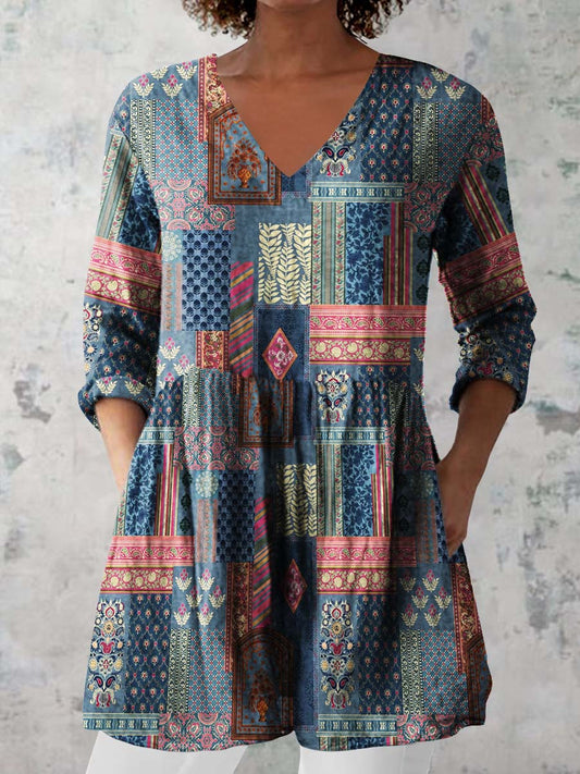 Women's Retro Floral Art Print Casual Cotton And Linen V-neck Top