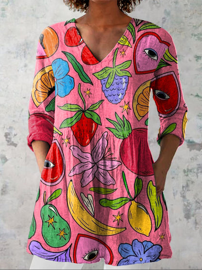 Quirky Summer Fruit Pattern Printed Women's Casual Linen V-Neck Shirt