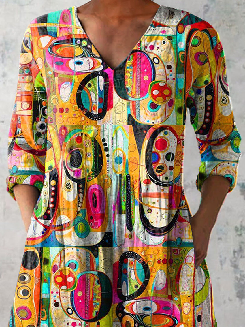 Multicolor Abstract Pattern Printed Women's Casual Linen V-Neck Shirt