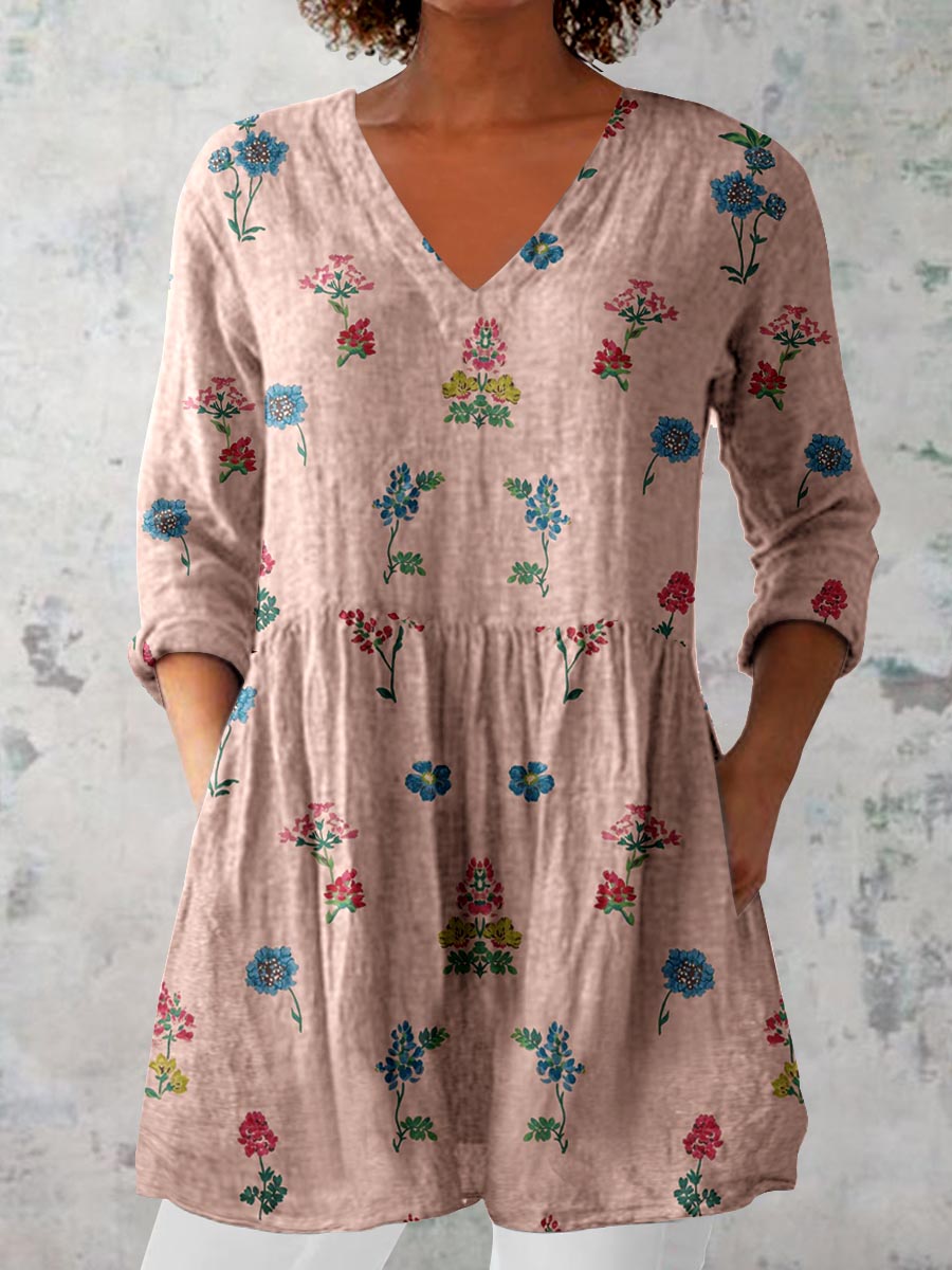 Women's Elegant Floral Print Pattern Cotton and Linen Top