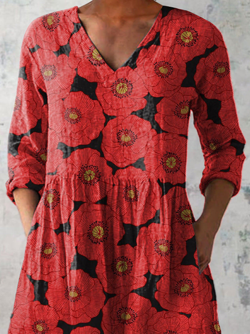 Summer Poppy Floral Pattern Printed Women's Casual Linen V-Neck Shirt