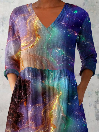 Women's Artistic Colorful Starry Sky Pattern Cotton and Linen Top