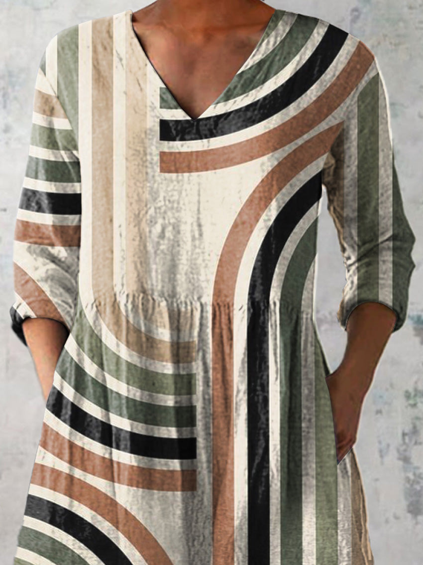 Minimalist Geometric Pattern Printed Women's Casual Linen V-Neck Shirt