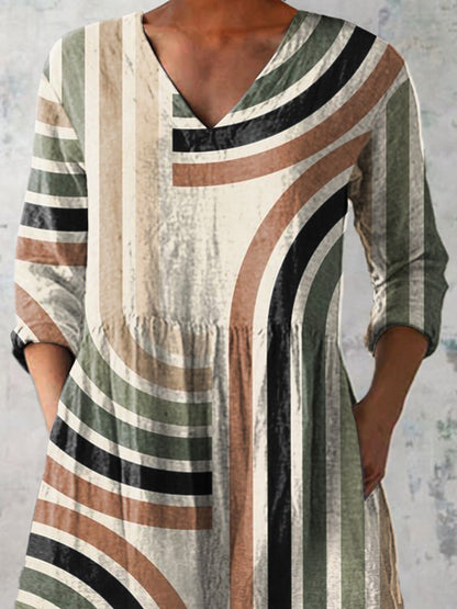 Minimalist Geometric Pattern Printed Women's Casual Linen V-Neck Shirt