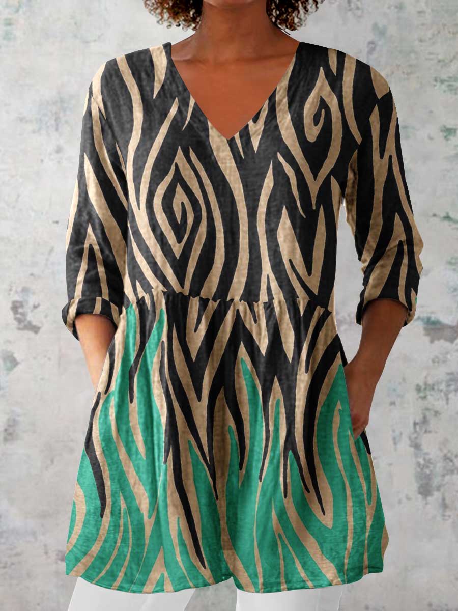 Women's Artistic Striped V-Neck Cotton and Linen Top