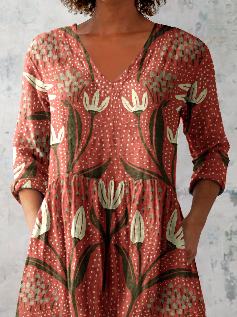 Women's Elegant Art Floral Print V-Neck Cotton and Linen Top