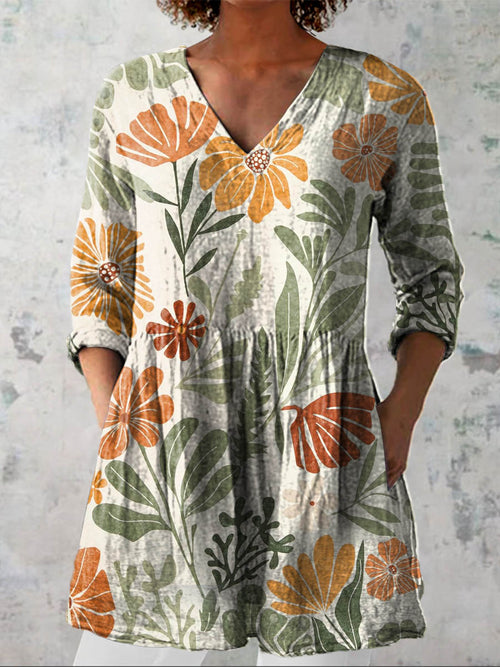 Women's Vintage Lovely Floral Art Print Casual Cotton Linen V-neck Shirt