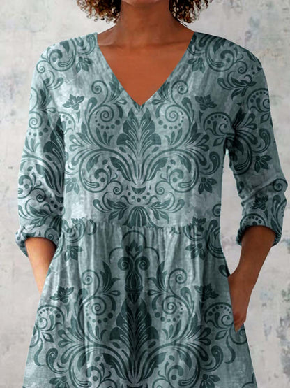 Women's Elegant Floral Print Doll Neck Cotton and Linen Top