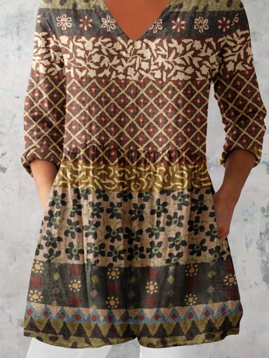 Women's Retro Geometric Pattern Cotton and LinenTop