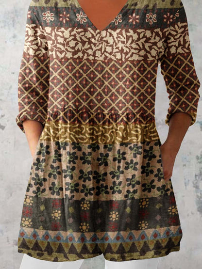 Women's Retro Geometric Pattern Cotton and LinenTop