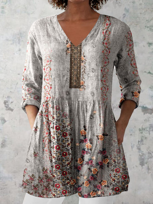 Women's Retro Floral Art Print Casual Cotton And Linen V-neck Top