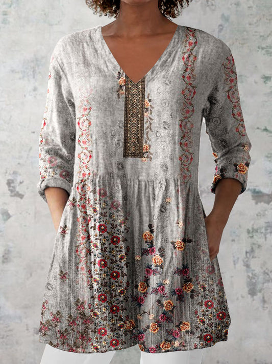 Women's Retro Floral Art Print Casual Cotton And Linen V-neck Top