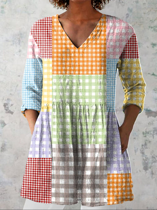 Colorful Plaid Pattern Printed Women's Casual Linen V-Neck Shirt