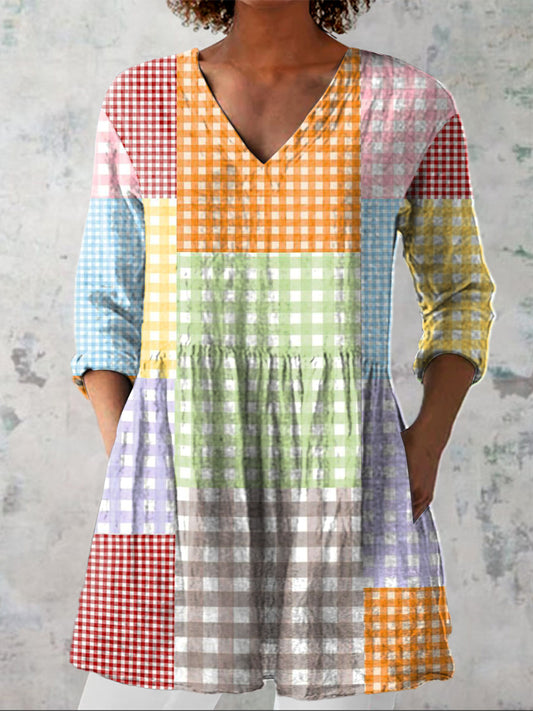 Colorful Plaid Pattern Printed Women's Casual Linen V-Neck Shirt