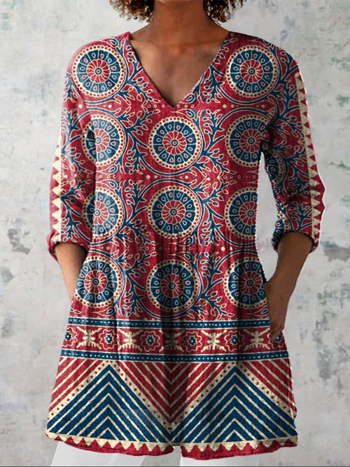 Women's Vintage Ethnic Floral Art Print Casual Cotton Linen V-neck Shirt