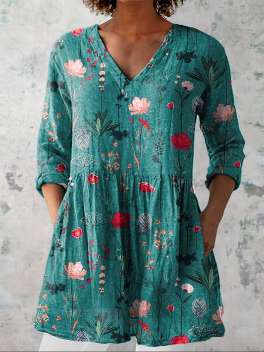Women's Vintage Lovely Floral Art Print Casual Linen V-neck Shirt